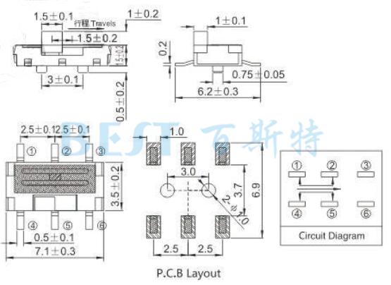 撥動開關(guān)MSS-22C01參考圖紙