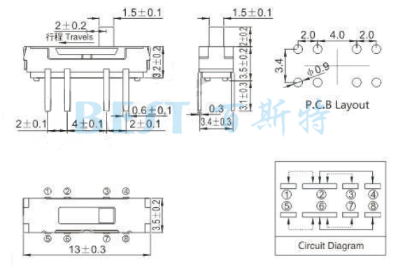 撥動開關(guān)MSS-23D38參考圖紙