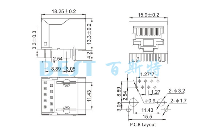 rj45插座56S LED 8P8C規(guī)格圖紙