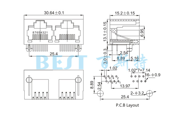 rj45插座5631 8P8C 1x2規(guī)格圖紙