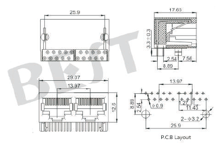 rj45插座5621 10P8C 1X2規(guī)格圖紙