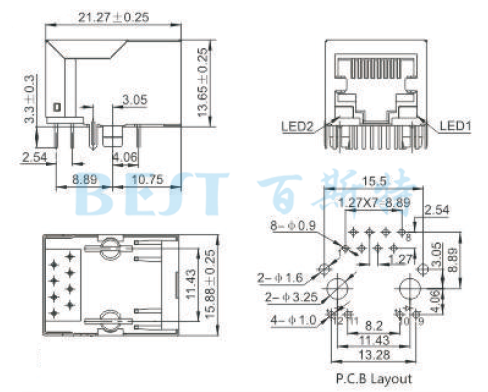 rj45插座5921S LED 8P8C規(guī)格圖紙